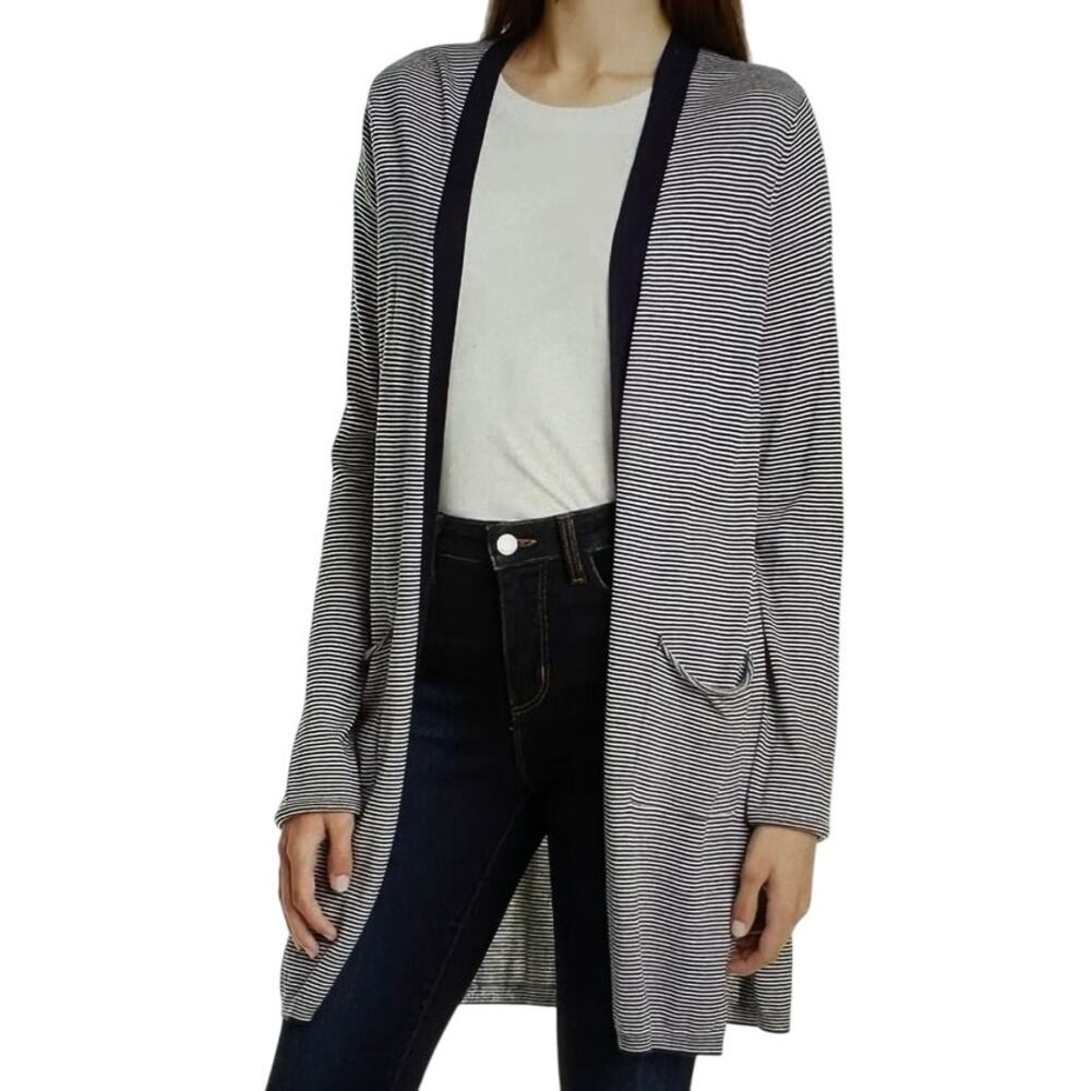 ATM Open Cardigan Silk Cashmere Blend Navy Blue Striped Lightweight Nautical M